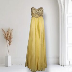 Sherri Hill Beaded Empire Waist Formal Prom Dress Size 10 Yellow Chiffon Overlay